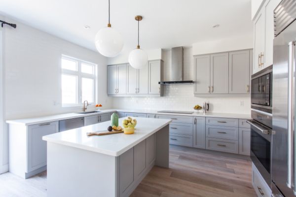 New Light Grey Shaker With Pearl White, White Quartz Countertops With Light Grey Cabinets